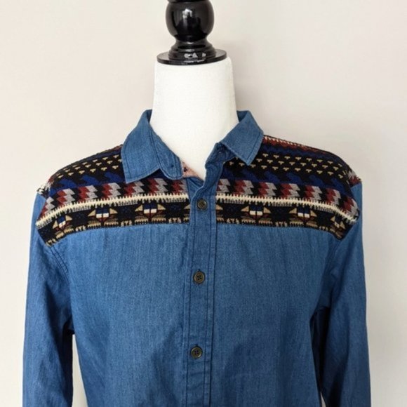 Brave Soul embroidered Aztec denim long sleeve button down shirt - Picture 1 of 7